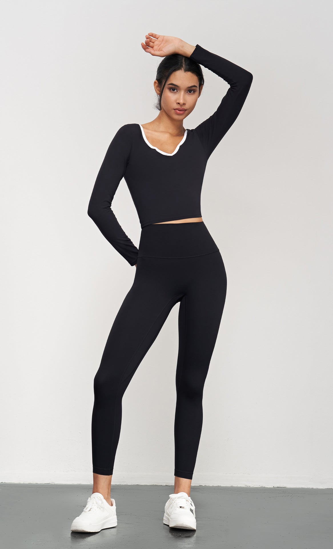 2023.08 NUF contrast color neckline yoga long-sleeved detachable chest pad waist slimming sports top women's breathable perspiration T-shirt