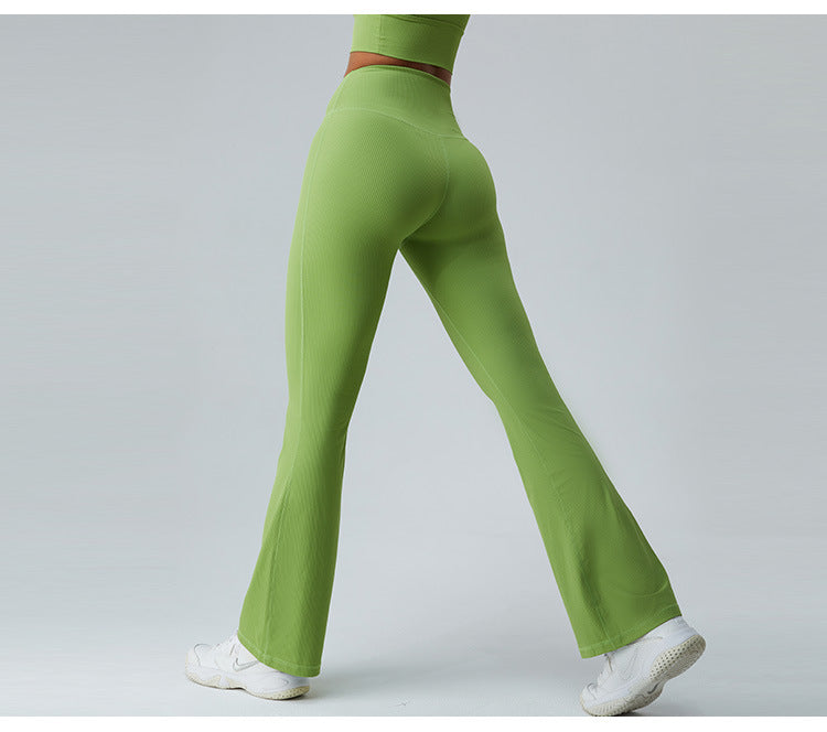 2023.09 ribbed Thread high waist yoga bell-bottom pants for women without T line belly pull-in micro dry sports running fitness pants