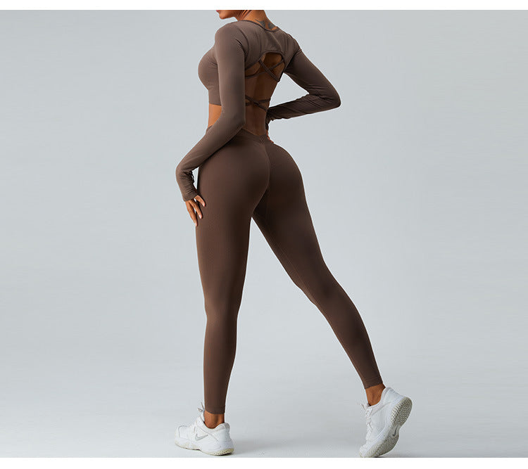 2023.09 yoga sets Autumn and winter new long sleeve yoga suit for women seamless sexy cross back peach hip lift yoga pants