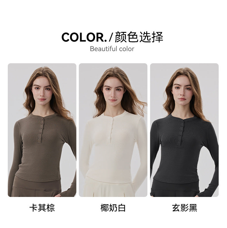 01/2026 Lenzing Modal Long-Sleeve Yoga Shirt for Women with Henley Collar, Comfortable and Breathable Sports T-Shirt, Pilates Fitness Top