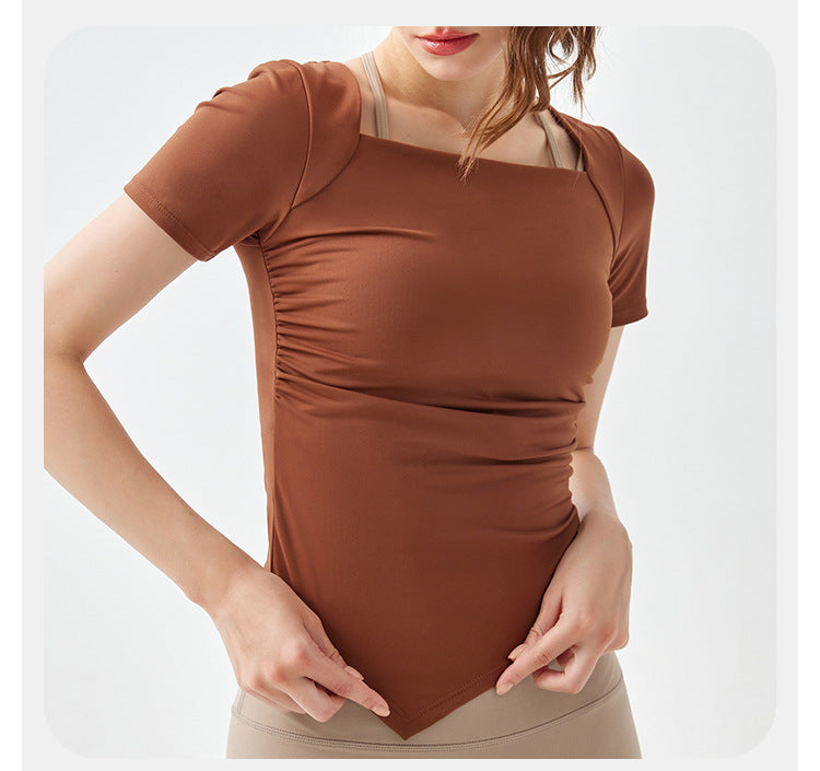 2023.08 Summer waist slimming square collar yoga clothing top women's irregular hem slim fitness elastic thin section sports short sleeves