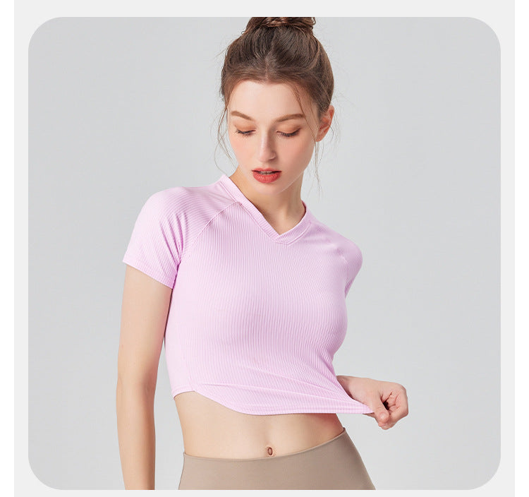 23.07 Thin ribbed yoga clothing women's top running short-sleeved t-shirt tight-fitting quick-drying sweat-absorbing short section navel v-neck training fitness clothing