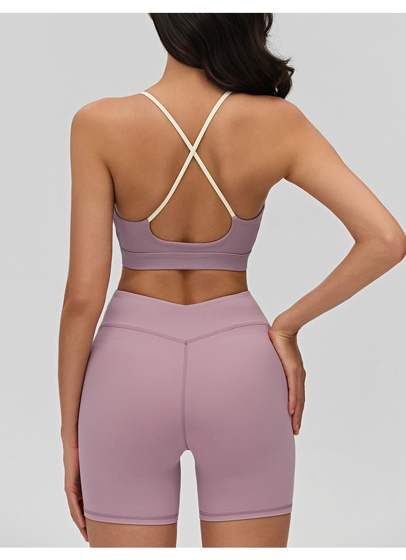 02/2026 Women's yoga lingerie, color-blocked crisscross thin straps, backless sports bra, suitable for layering or wearing as outerwear, fitness top.