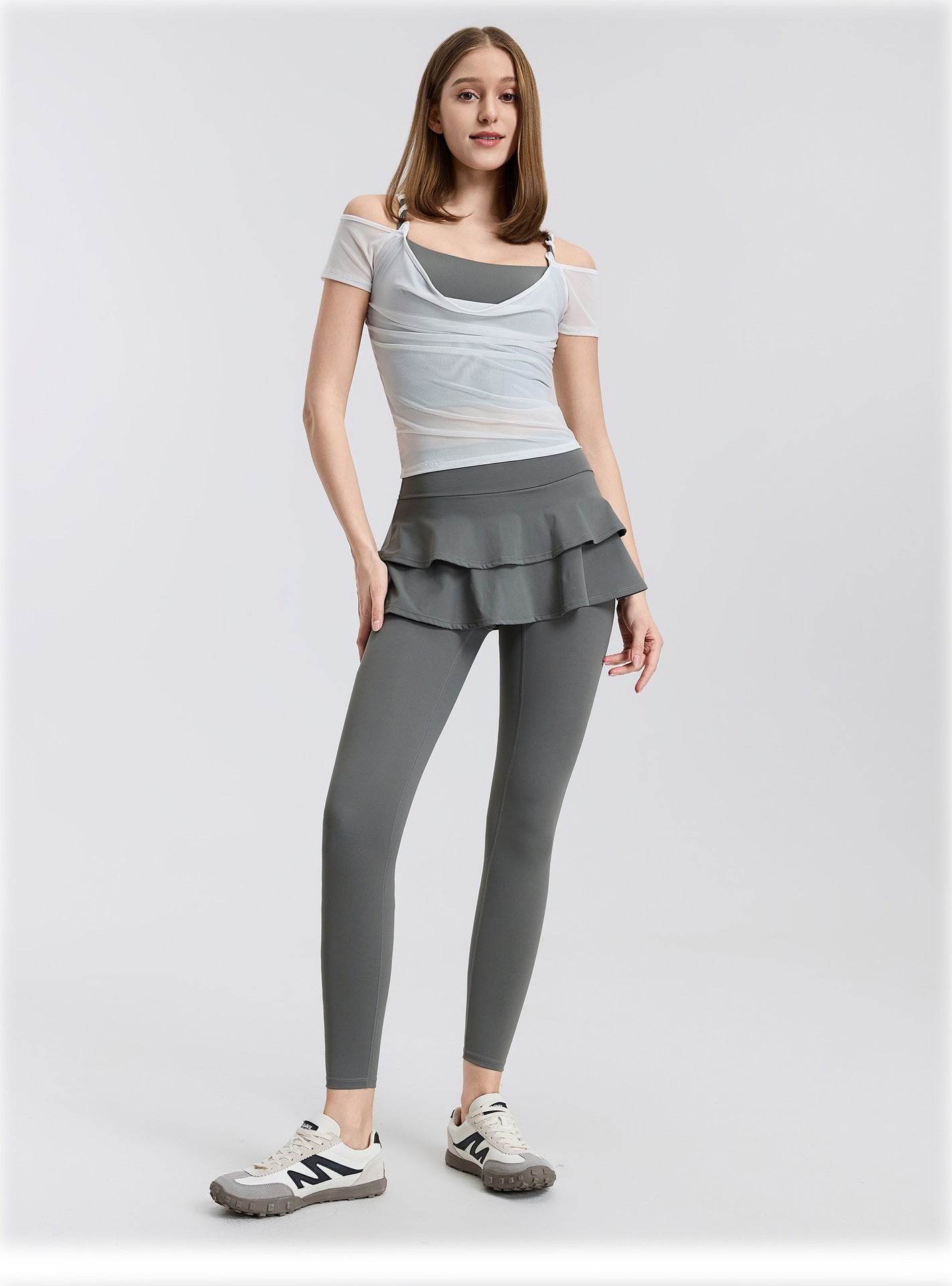01/2026 Cable knit mesh off-shoulder yoga short-sleeved running quick-drying sports bra with integrated cups, fitness top, bra