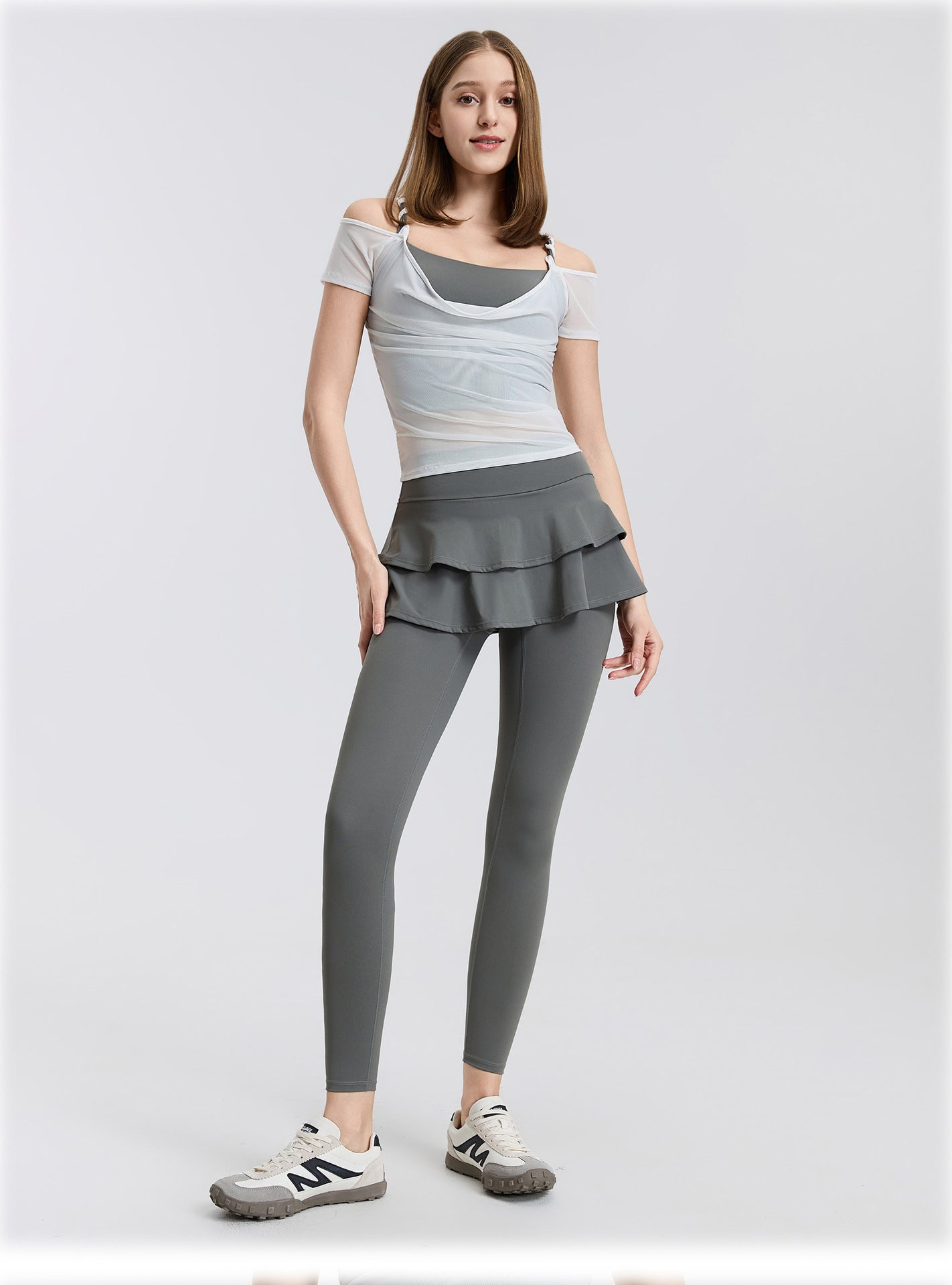 01/2026 High-waisted, two-piece design, nude-feel yoga pants/skirt, suitable for wearing as outerwear, running, sports, breathable, fitness, tights, dance skirt
