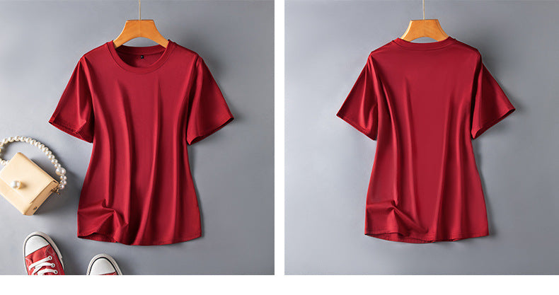 Short-sleeved t-shirt women's mulberry silk round neck bottoming shirt 2023 summer white all-match short half-sleeve ice-like top