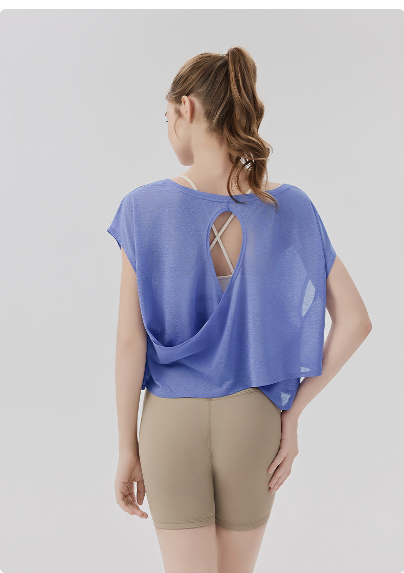 02/2026 Top de yoga holgado para mujer con escote simple, apto para dos usos, camiseta de manga corta casual y deportiva, top de fitness ligero y transpirable para exteriores