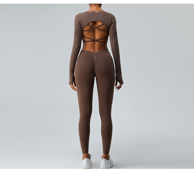 2023.09 yoga sets Autumn and winter new long sleeve yoga suit for women seamless sexy cross back peach hip lift yoga pants