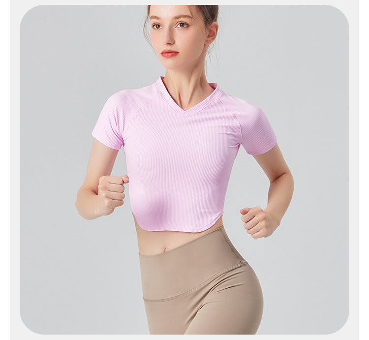 23.07 Thin ribbed yoga clothing women's top running short-sleeved t-shirt tight-fitting quick-drying sweat-absorbing short section navel v-neck training fitness clothing
