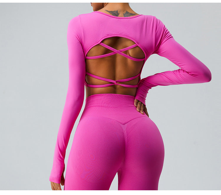 2023.09 Autumn yoga clothing long sleeve female fixed cup sexy cross back sports fitness clothing top