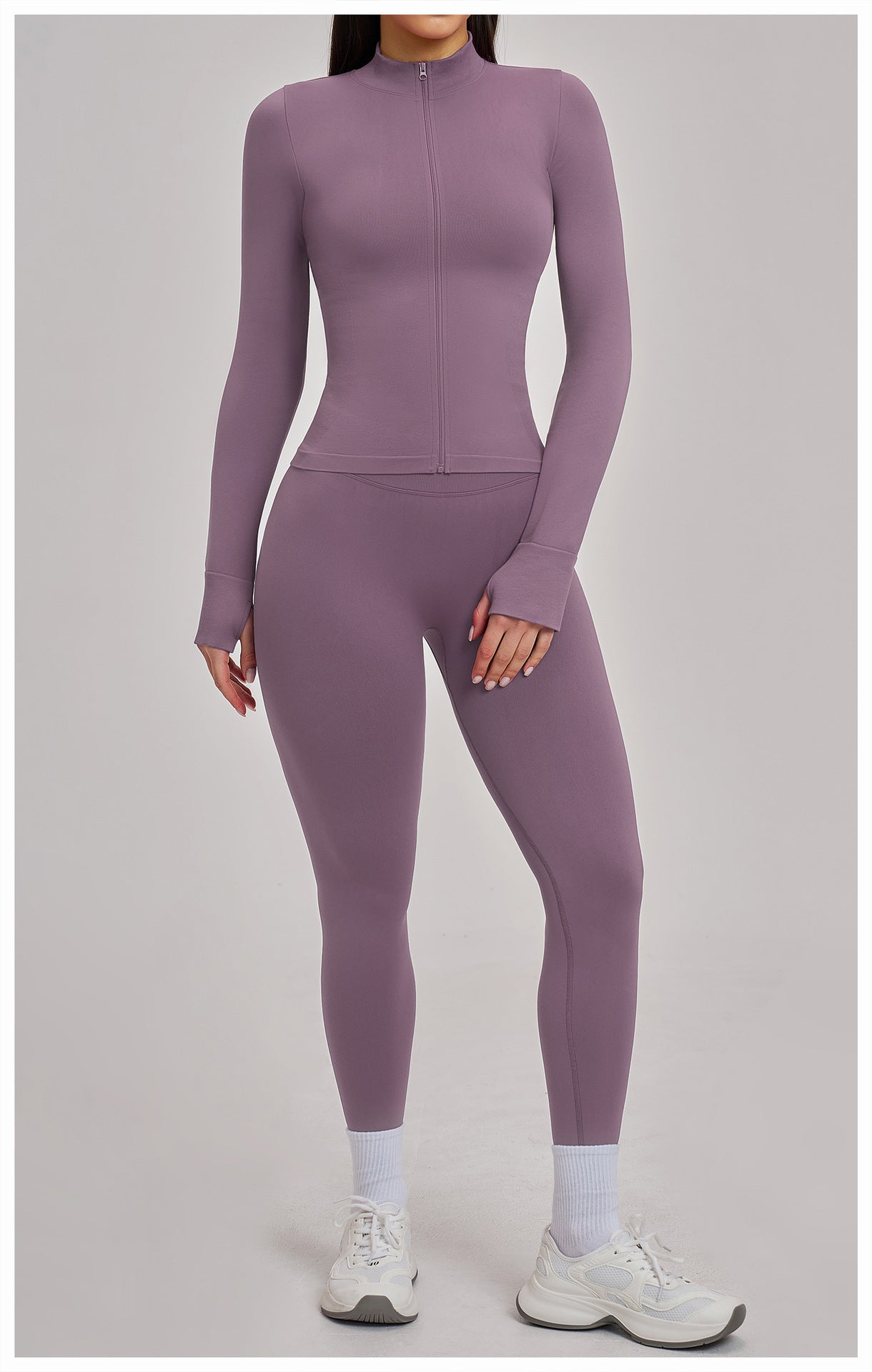 03/2026 Seamless stand-up collar zipper yoga set, windproof, slim fit, warm top, sports running set 7755