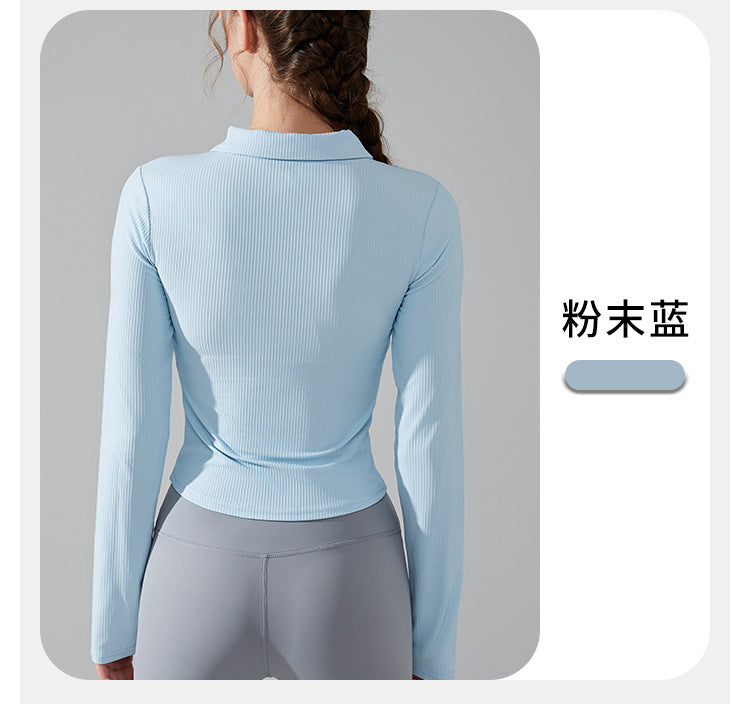 23.08 Autumn and winter lapel slim pocket long-sleeved yoga clothing front zipper sports jacket slim running fitness clothing top women