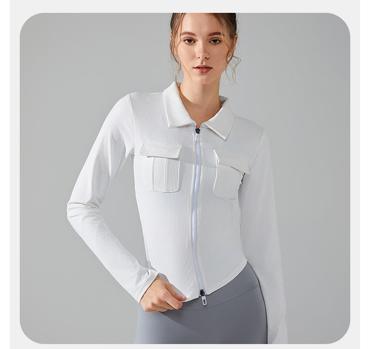 23.08 Autumn and winter lapel slim pocket long-sleeved yoga clothing front zipper sports jacket slim running fitness clothing top women