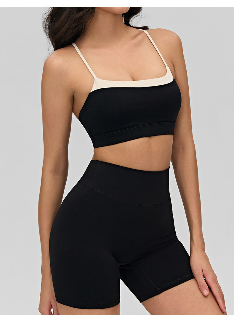 02/2026 Women's yoga lingerie, color-blocked crisscross thin straps, backless sports bra, suitable for layering or wearing as outerwear, fitness top.