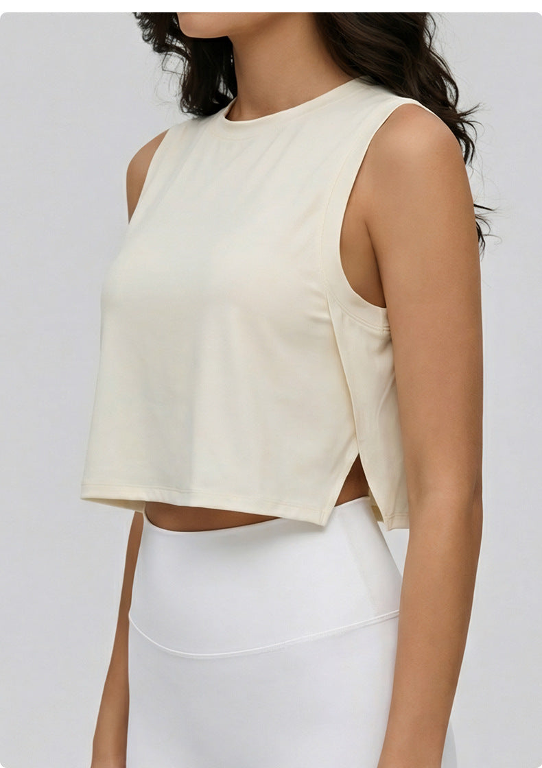 03/2026 fouregg Sleeveless yoga vest for women, cropped, loose-fitting, lightweight, breathable, casual yoga wear.