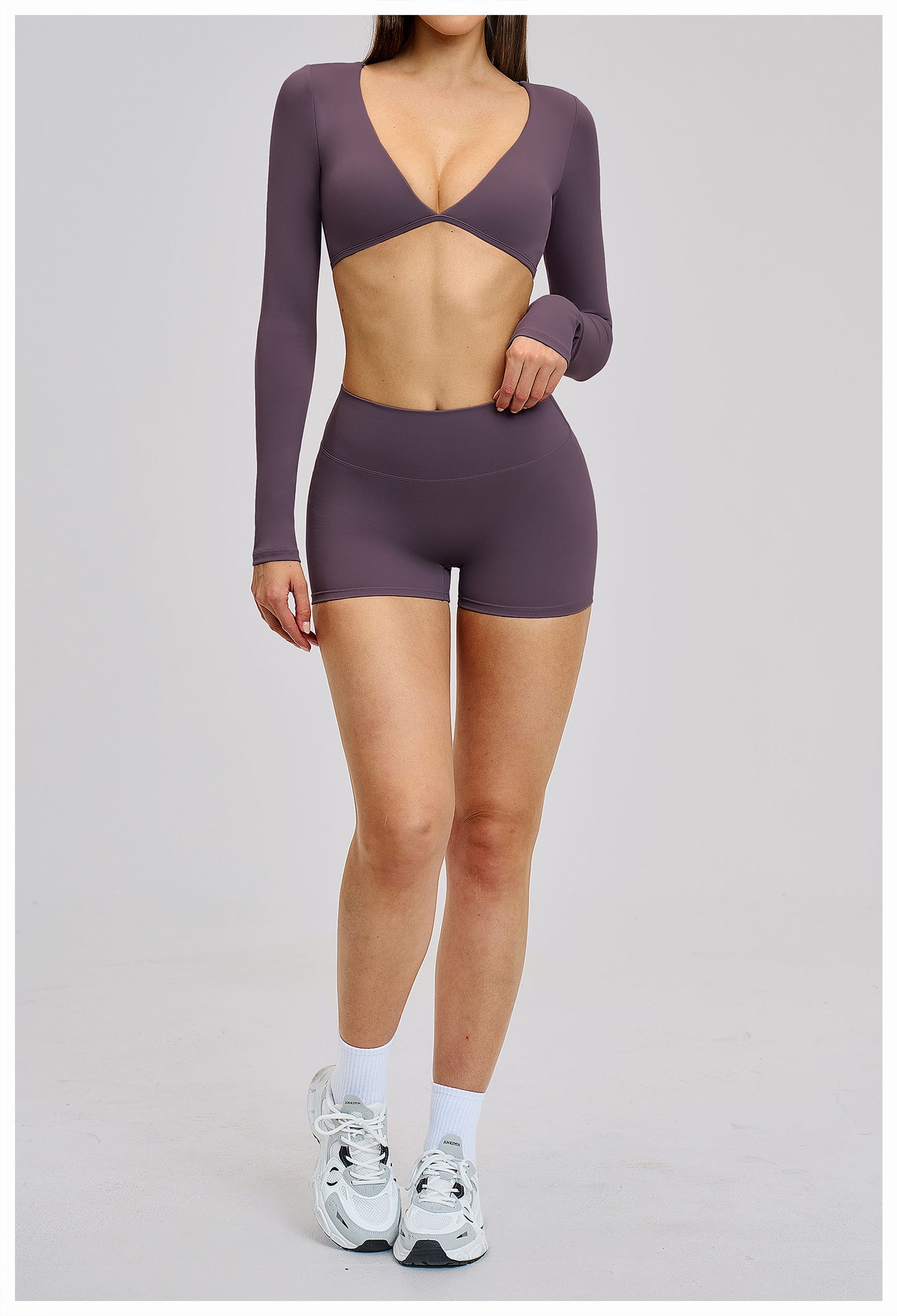03/2026 Traje de yoga de manga larga estilo europeo y americano, traje deportivo de fitness con cuello halter para correr, ropa de yoga sin espalda cepillada 4201