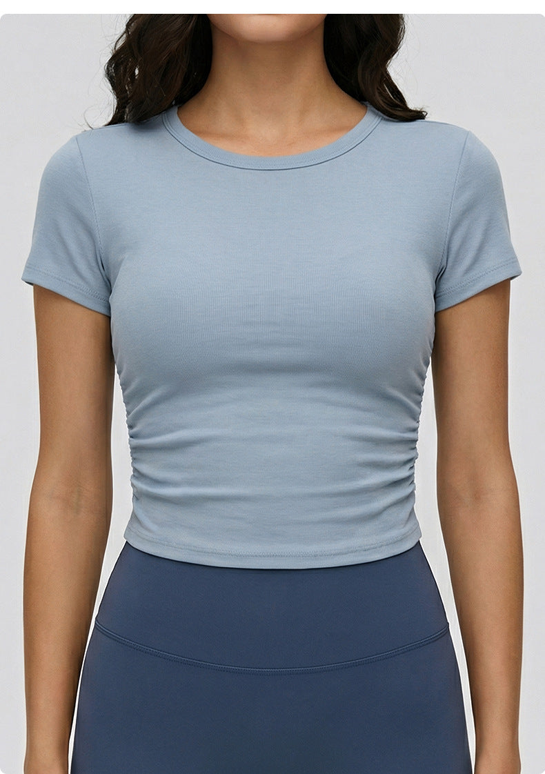 03/2026 Spring/Summer Round Neck Yoga Short Sleeve Women's Double-Ruffled Slimming Fitness Top Nude Fit Sports T-Shirt