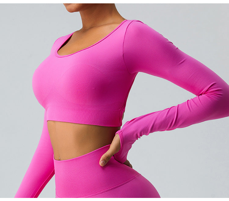 2023.09 Autumn yoga clothing long sleeve female fixed cup sexy cross back sports fitness clothing top