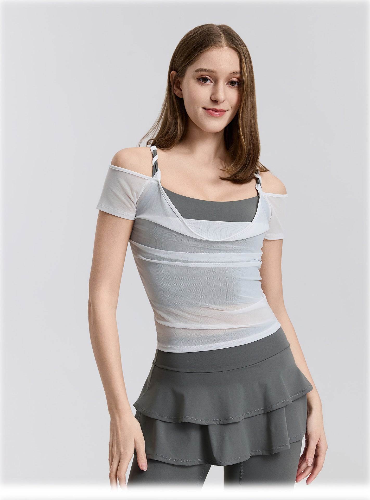 01/2026 Cable knit mesh off-shoulder yoga short-sleeved running quick-drying sports bra with integrated cups, fitness top, bra