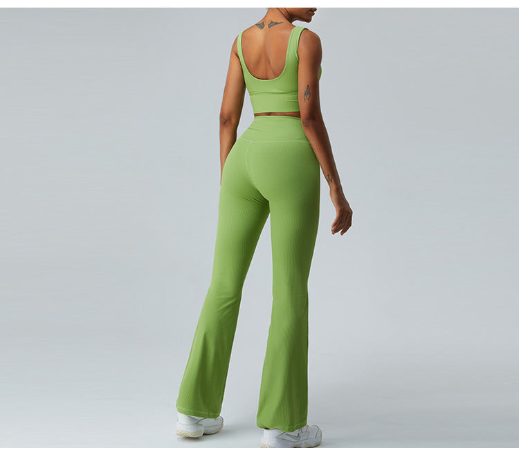 2023.09 ribbed Thread high waist yoga bell-bottom pants for women without T line belly pull-in micro dry sports running fitness pants