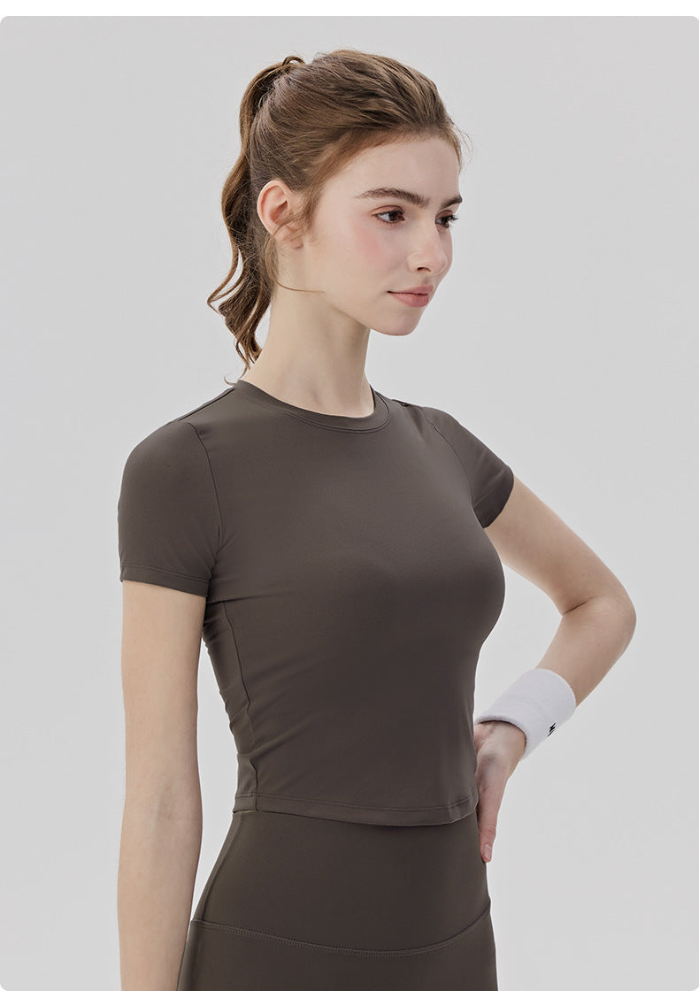 01/2026 Pilates Yoga Short-Sleeve Round Neck Fitted Slimming Sports T-Shirt Lightweight Comfortable Fitness Top
