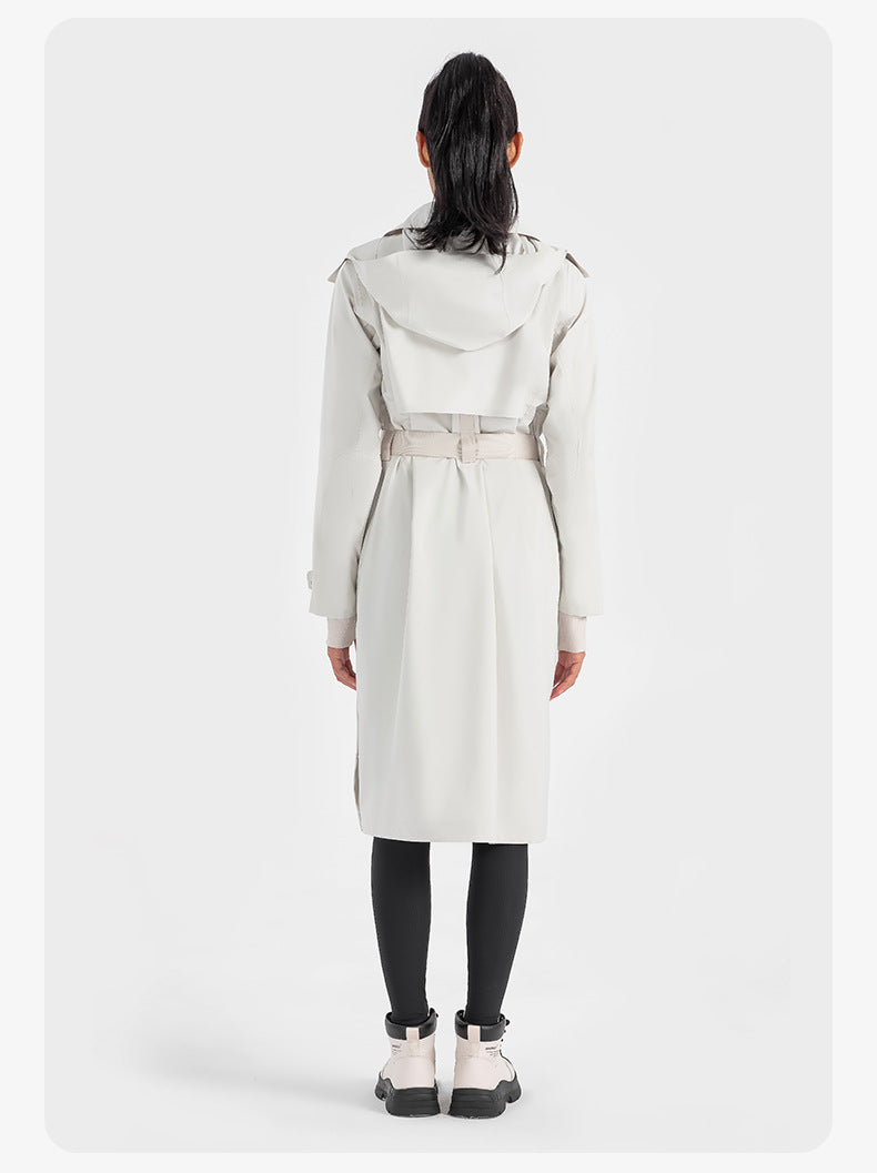 2023.09 Waterproof and windproof SBS zipper detachable hooded jacket buckle waist heat seal lapel long women's trench coat