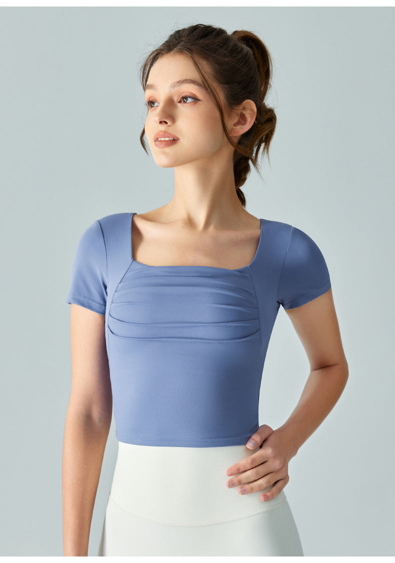 French square collar yoga short-sleeved women's splicing short sports t-shirt semi-fixed one-piece fitness top