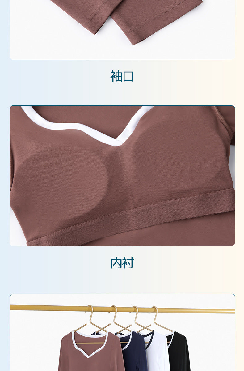 2023.08 NUF contrast color neckline yoga long-sleeved detachable chest pad waist slimming sports top women's breathable perspiration T-shirt