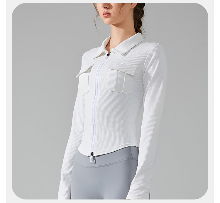 23.08 Autumn and winter lapel slim pocket long-sleeved yoga clothing front zipper sports jacket slim running fitness clothing top women