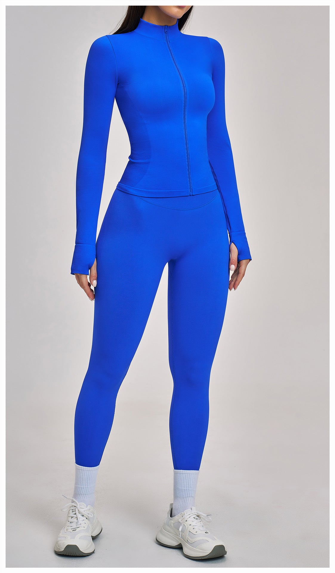 03/2026 Seamless stand-up collar zipper yoga set, windproof, slim fit, warm top, sports running set 7755