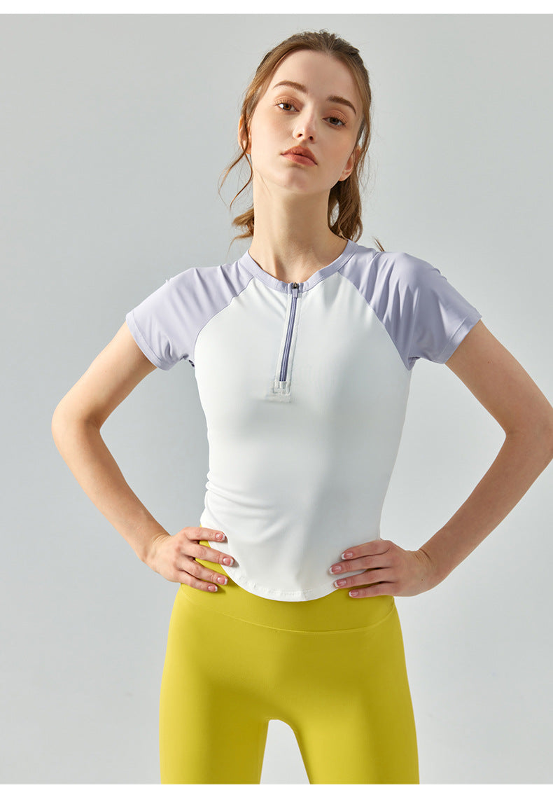 half-zipper yoga short-sleeved women's color-blocking slimming tight-fitting yoga t-shirt sports quick-drying fitness top