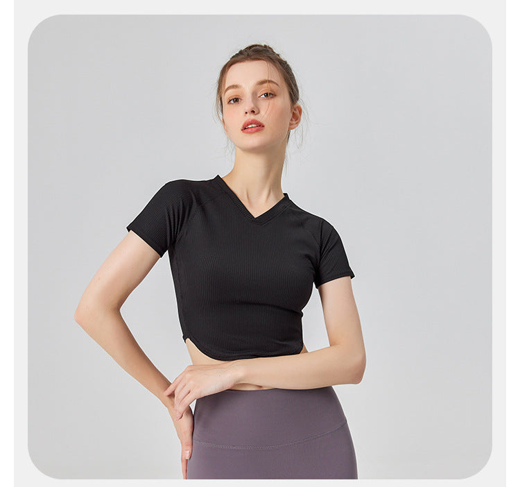 23.07 Thin ribbed yoga clothing women's top running short-sleeved t-shirt tight-fitting quick-drying sweat-absorbing short section navel v-neck training fitness clothing
