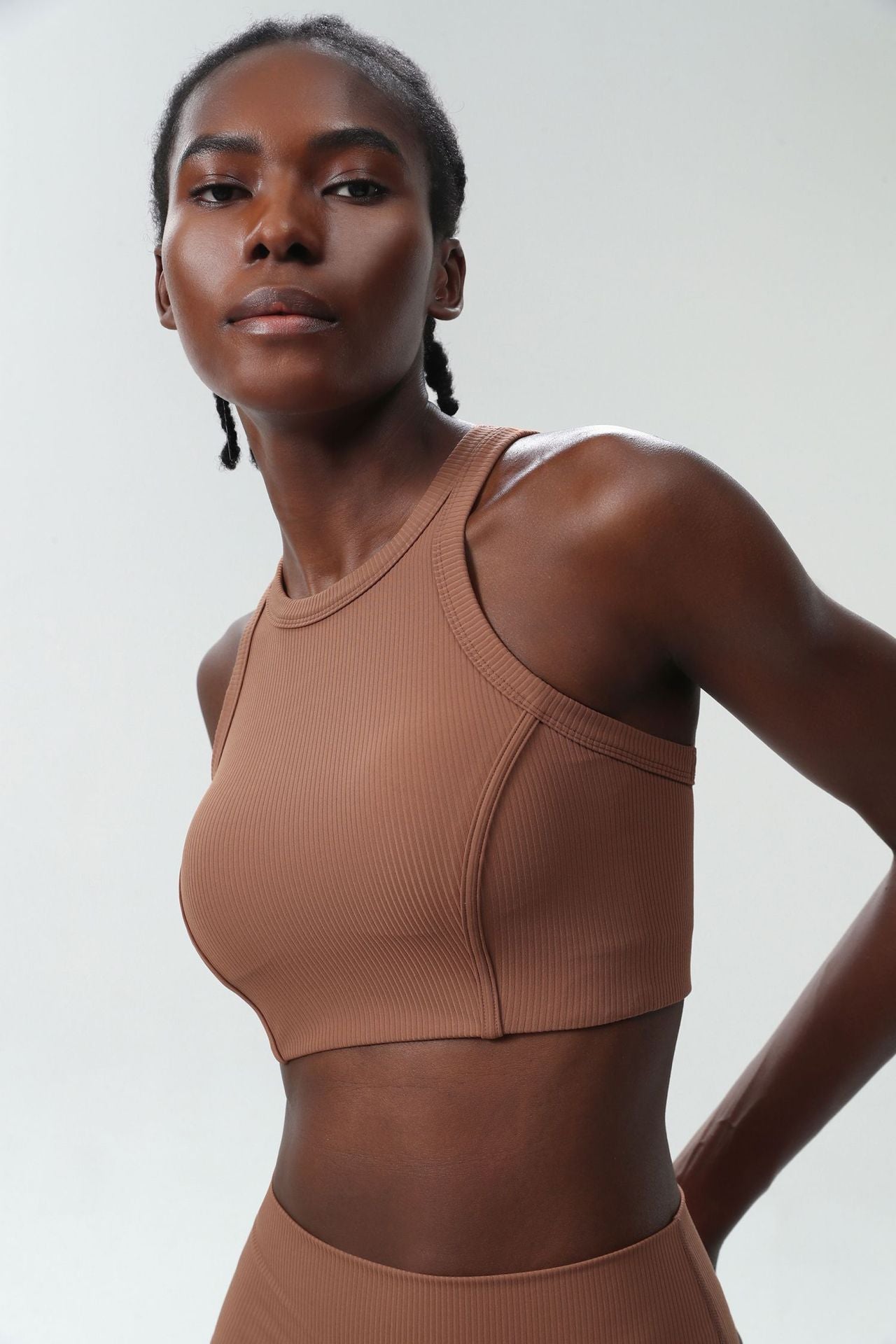 04/2024 ribbed High neck willow strip fan round oxygen cup sports bra women's long yoga fitness vest running bra
