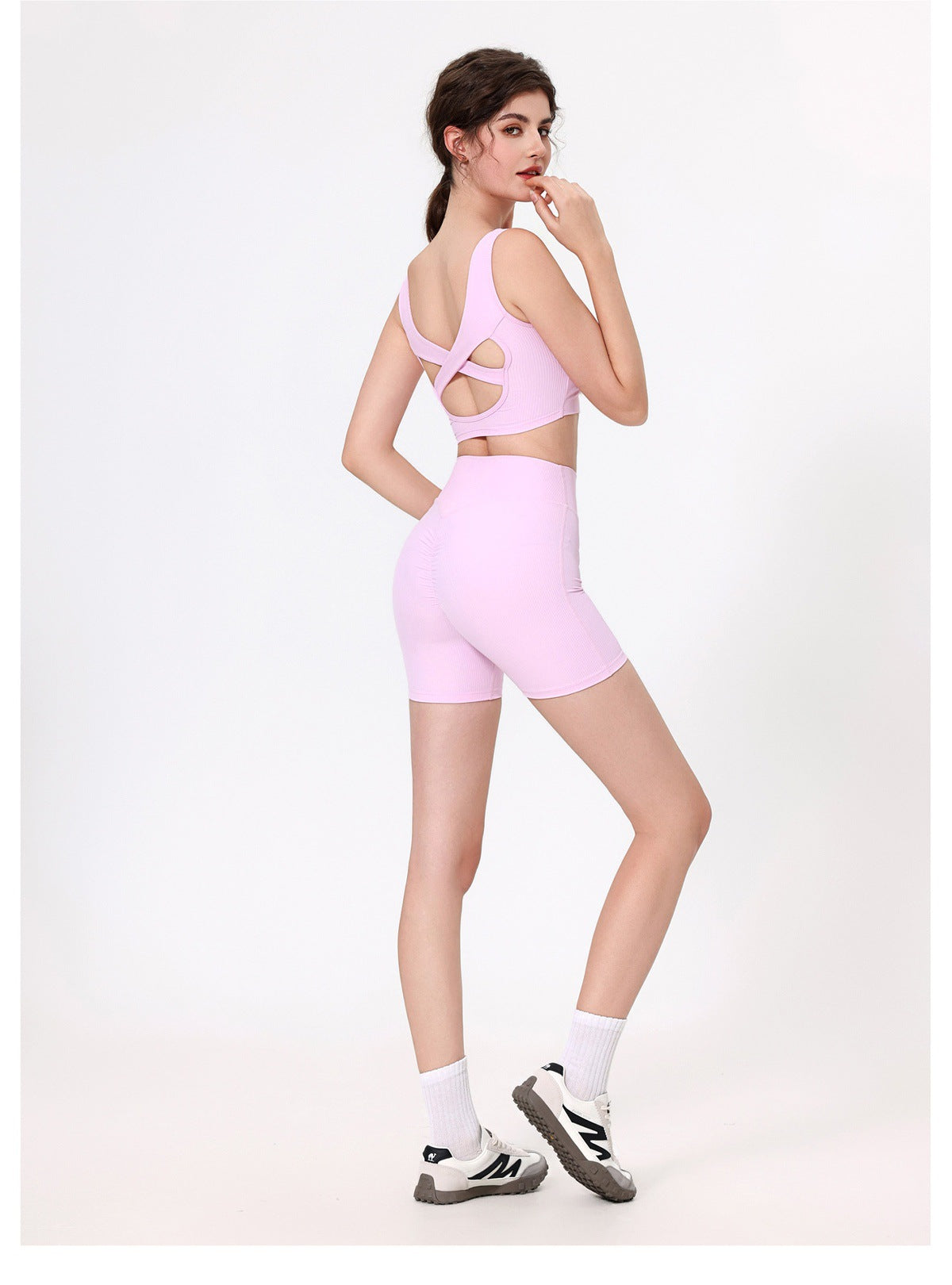 12/2025 fouregg Ribbed Yoga Shorts Peach Lift High-Waisted Gym Biker Shorts YDK5193