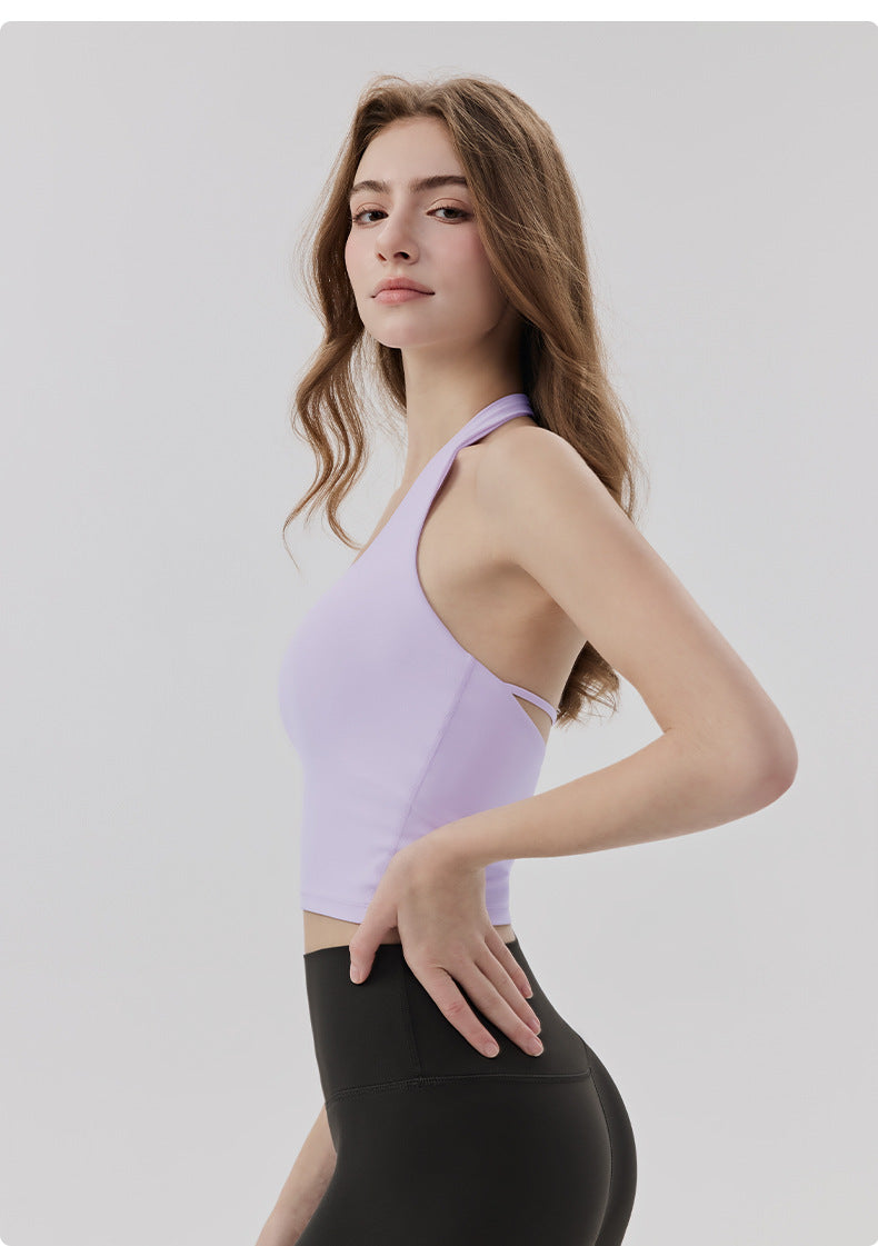 01/2026 Débardeur de sport dos nu pour femme avec coussinets de soutien-gorge intégrés pour couvrir la graisse des aisselles, haut de yoga, en Lycra doux pour la peau, débardeur de fitness seconde peau.