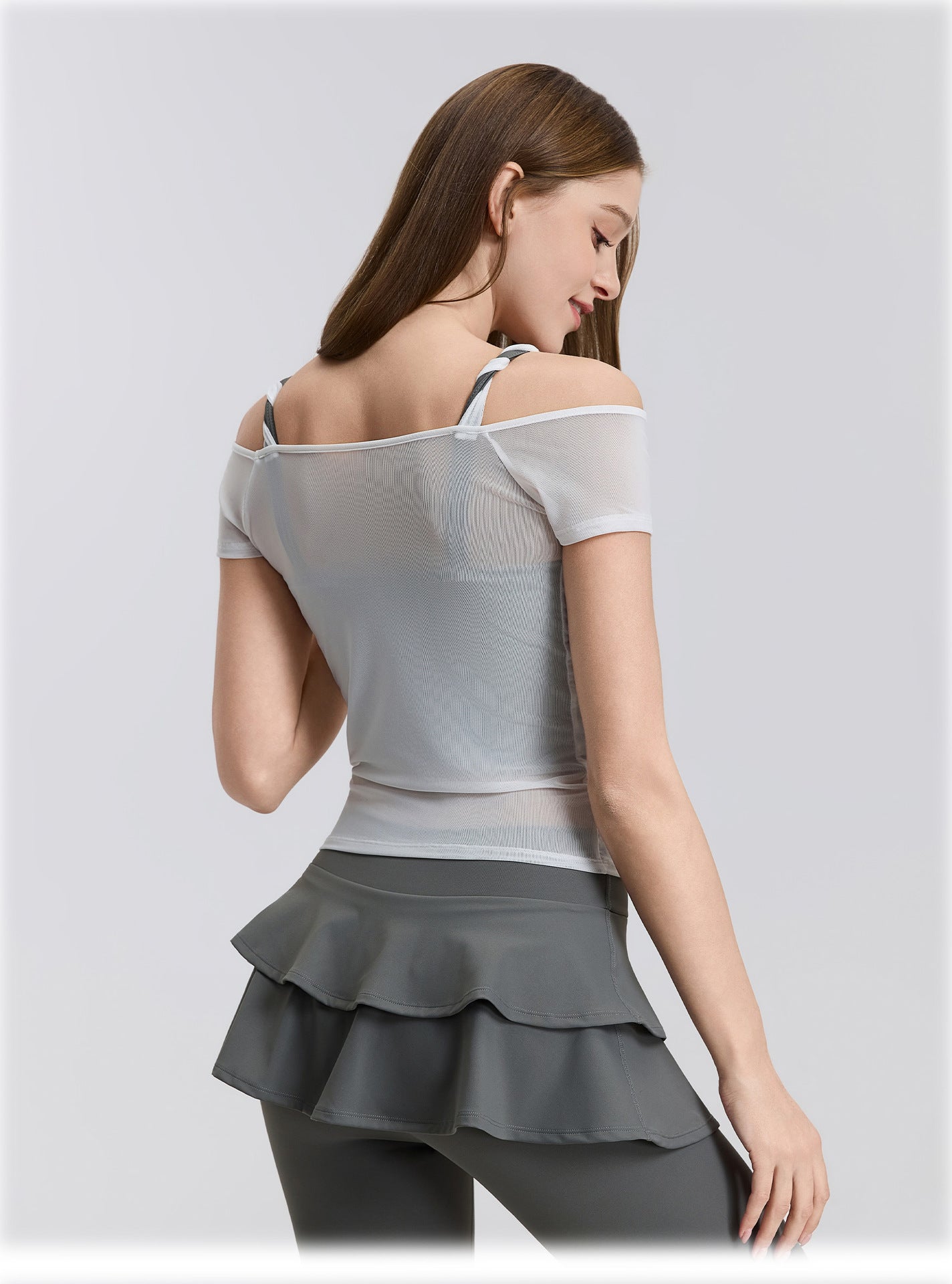 01/2026 Cable knit mesh off-shoulder yoga short-sleeved running quick-drying sports bra with integrated cups, fitness top, bra