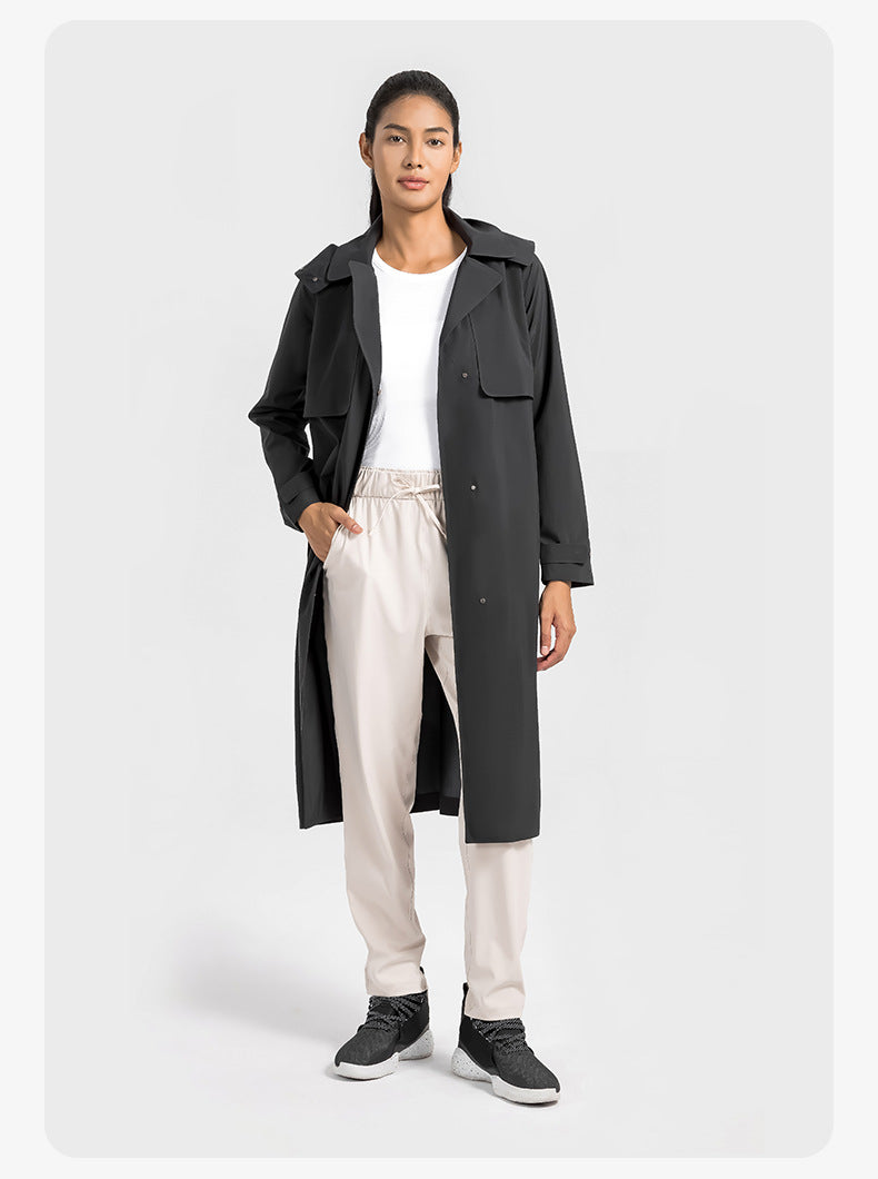 2023.09 Waterproof and windproof SBS zipper detachable hooded jacket buckle waist heat seal lapel long women's trench coat