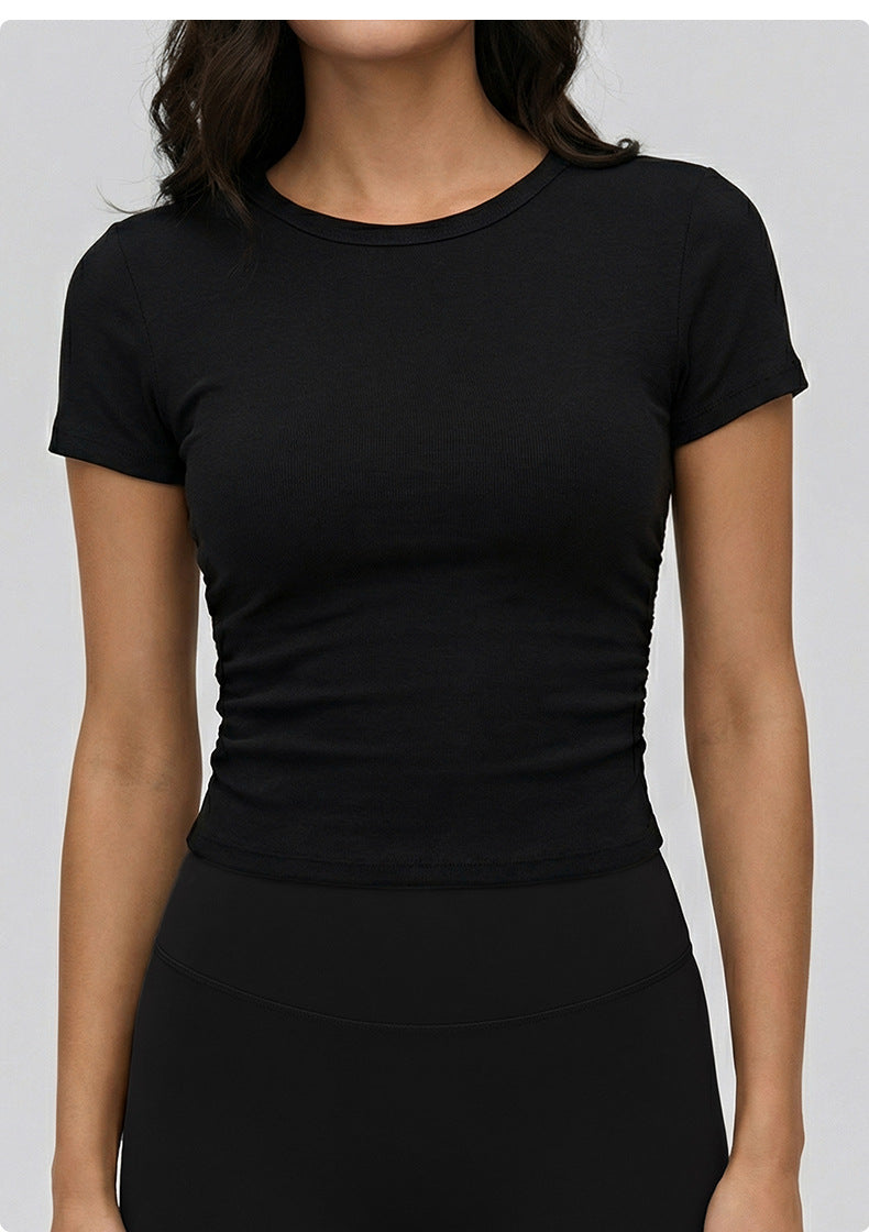 03/2026 Spring/Summer Round Neck Yoga Short Sleeve Women's Double-Ruffled Slimming Fitness Top Nude Fit Sports T-Shirt
