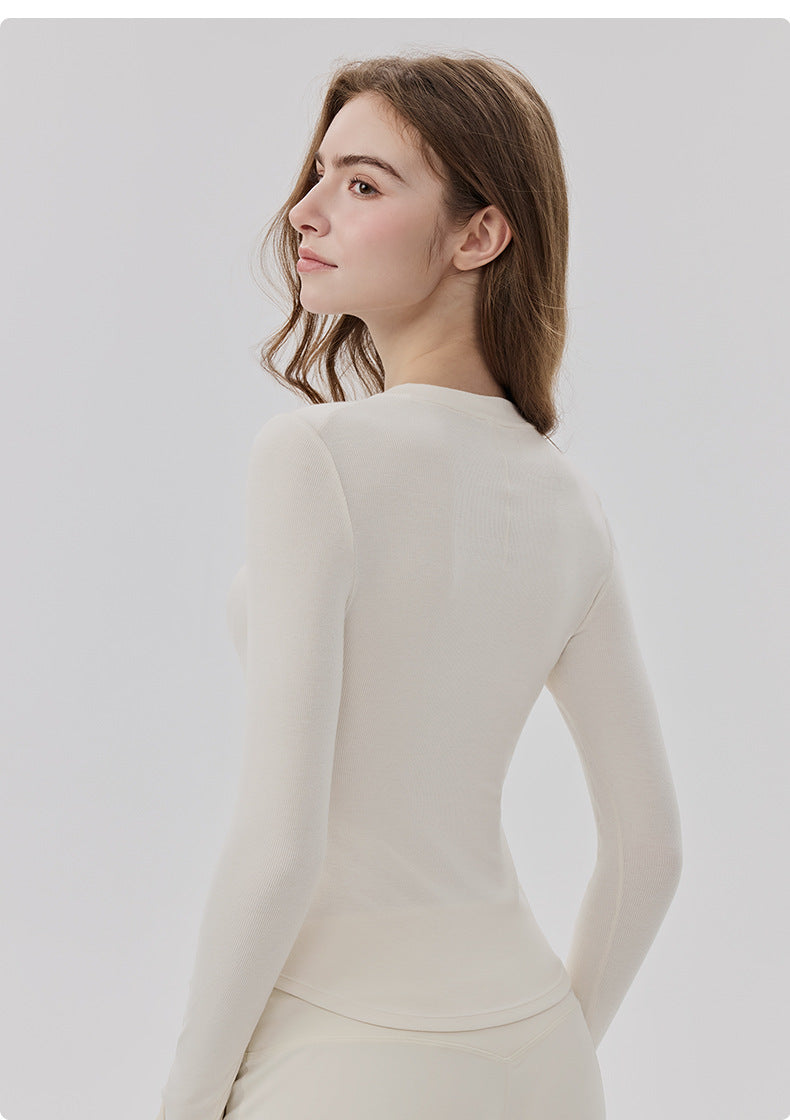 01/2026 Lenzing Modal Long-Sleeve Yoga Shirt for Women with Henley Collar, Comfortable and Breathable Sports T-Shirt, Pilates Fitness Top