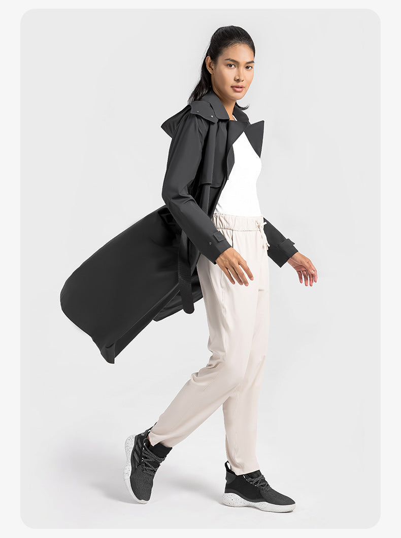 2023.09 Waterproof and windproof SBS zipper detachable hooded jacket buckle waist heat seal lapel long women's trench coat