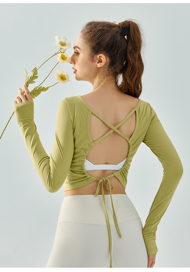 yoga clothing long-sleeved solid color loose sports top arc hem breathable quick-drying fitness clothing