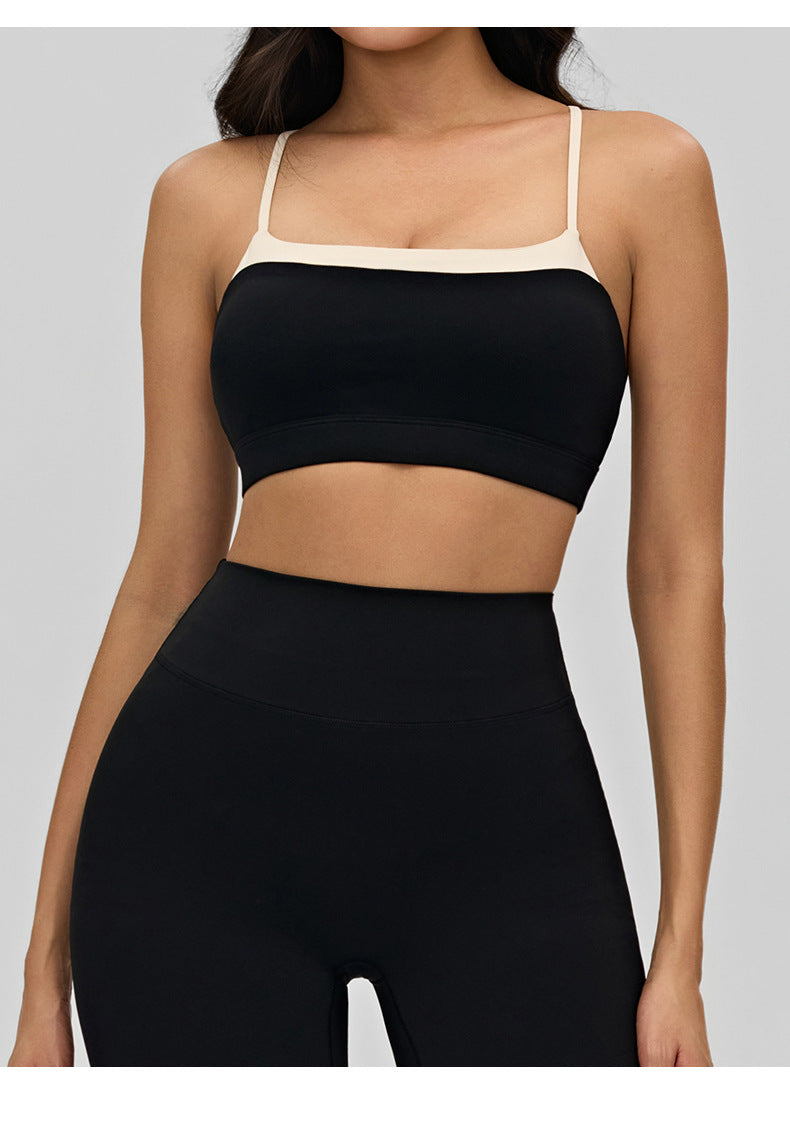 02/2026 Women's yoga lingerie, color-blocked crisscross thin straps, backless sports bra, suitable for layering or wearing as outerwear, fitness top.