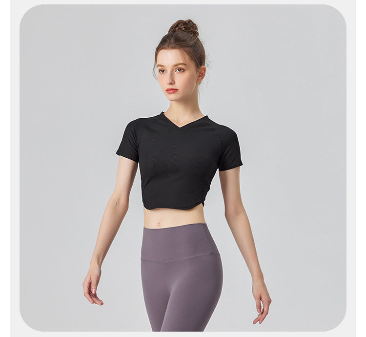 23.07 Thin ribbed yoga clothing women's top running short-sleeved t-shirt tight-fitting quick-drying sweat-absorbing short section navel v-neck training fitness clothing