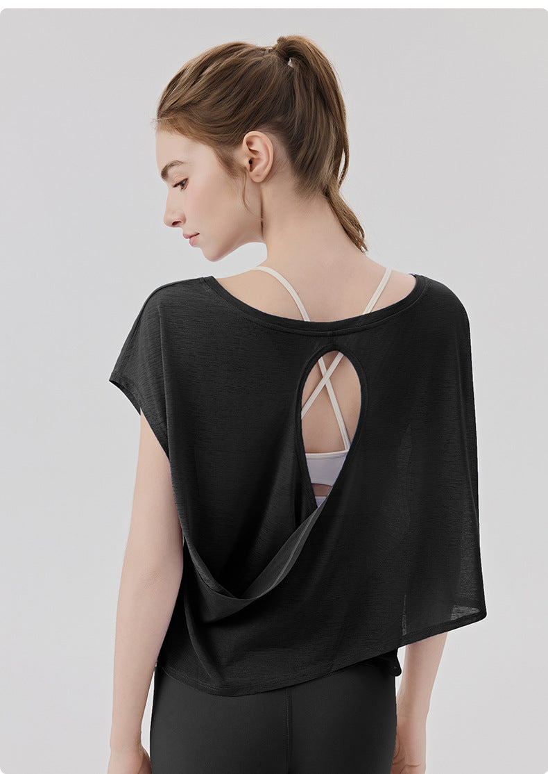 02/2026 Top de yoga holgado para mujer con escote simple, apto para dos usos, camiseta de manga corta casual y deportiva, top de fitness ligero y transpirable para exteriores