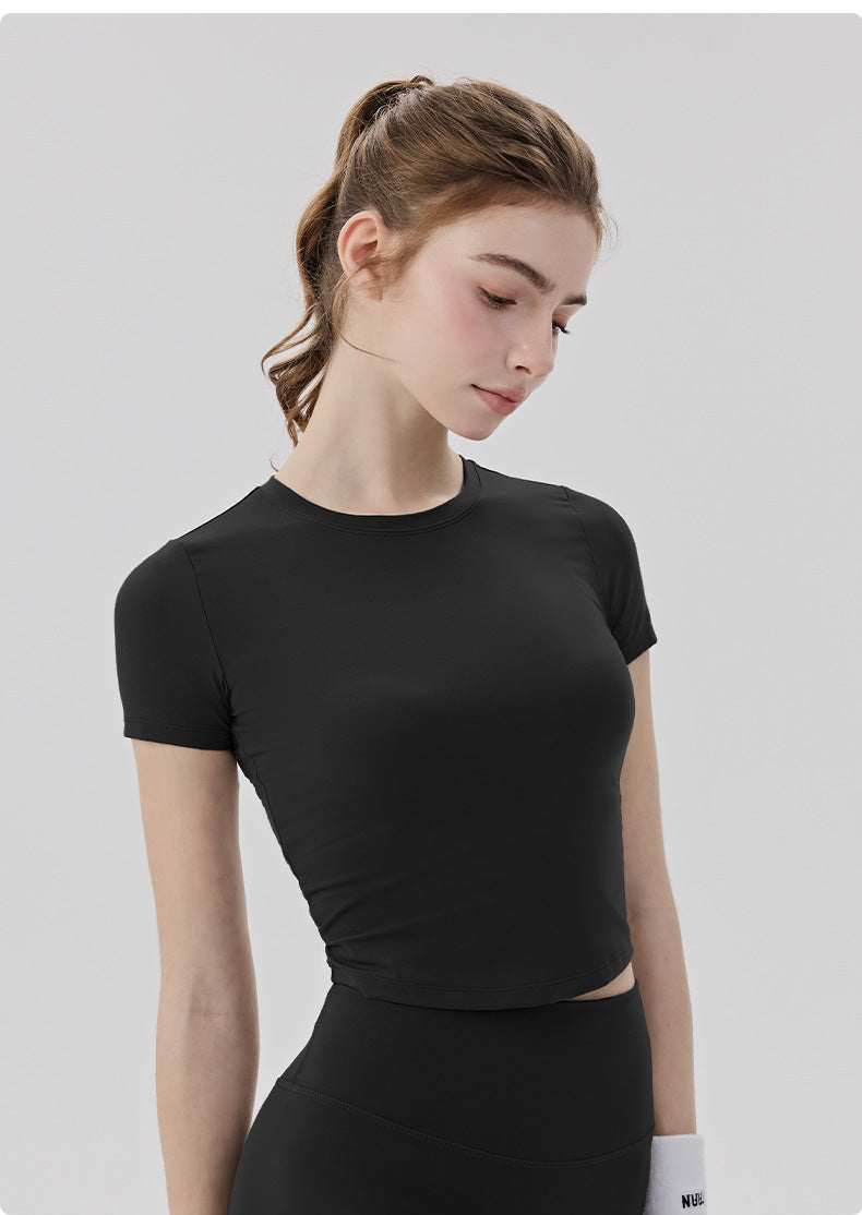01/2026 Pilates Yoga Short-Sleeve Round Neck Fitted Slimming Sports T-Shirt Lightweight Comfortable Fitness Top