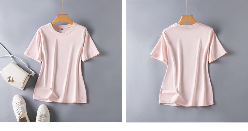 Short-sleeved t-shirt women's mulberry silk round neck bottoming shirt 2023 summer white all-match short half-sleeve ice-like top