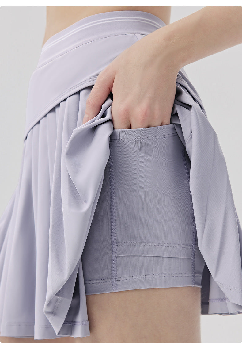 01/2026 Cool-feel sports mini skirt for women, faux two-piece design, anti-exposure yoga skirt with pockets, elastic waist, casual tennis skirt.