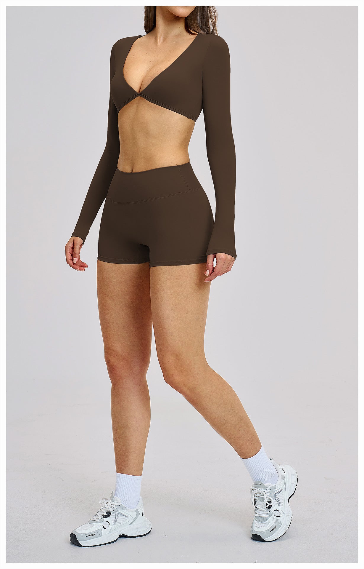 03/2026 Traje de yoga de manga larga estilo europeo y americano, traje deportivo de fitness con cuello halter para correr, ropa de yoga sin espalda cepillada 4201