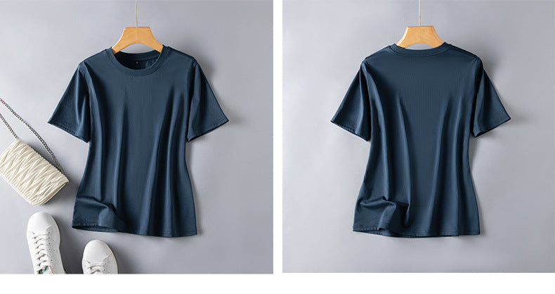 Short-sleeved t-shirt women's mulberry silk round neck bottoming shirt 2023 summer white all-match short half-sleeve ice-like top