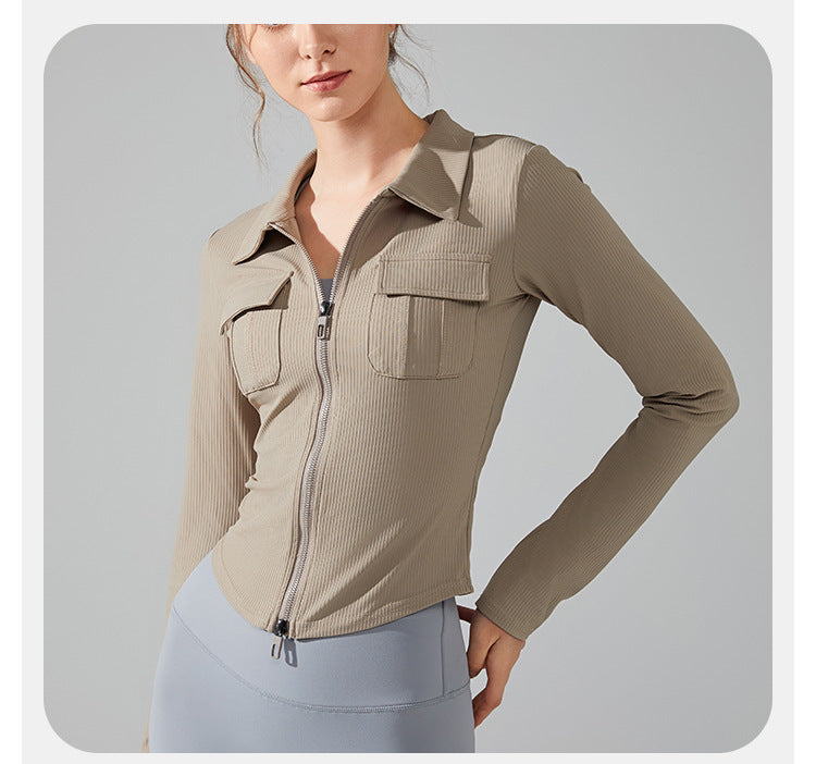 23.08 Autumn and winter lapel slim pocket long-sleeved yoga clothing front zipper sports jacket slim running fitness clothing top women